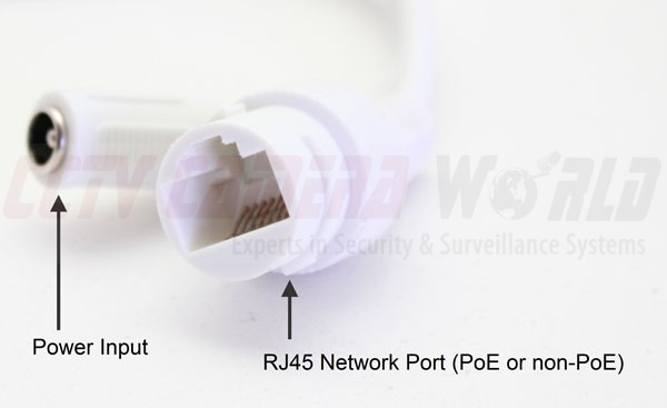 Connectors included on all PoE IP cameras. 1) Power Input Jack 2) RJ45 Port for data