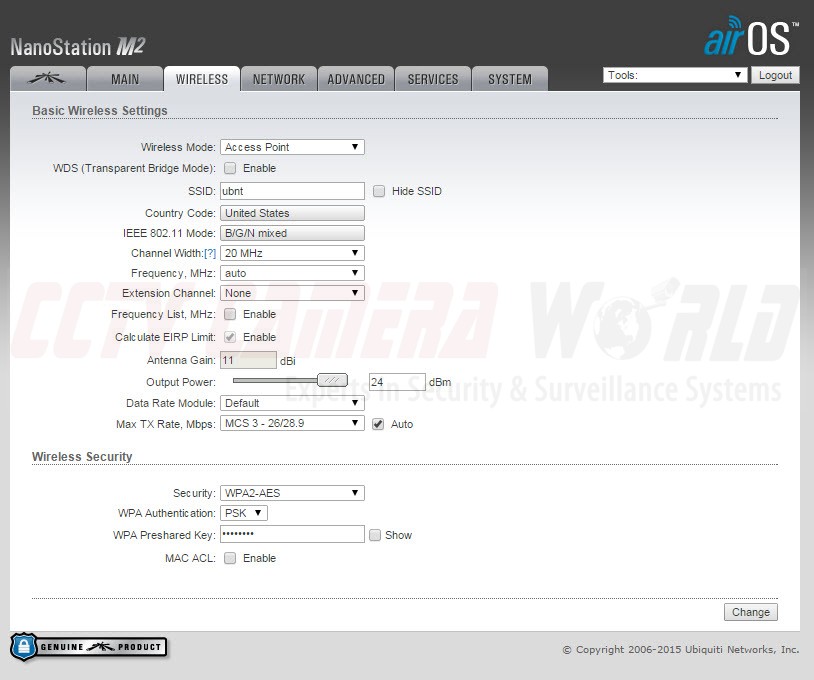 Ubiquiti Wireless Access Point Configuration Settings for radio set as Access Point.