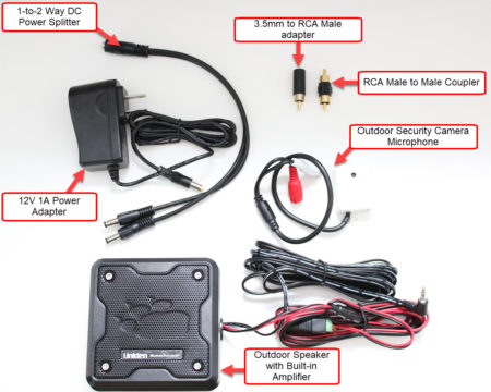 two-way audio kit for use with security cameras contain a microphone, speaker, and associated connectors