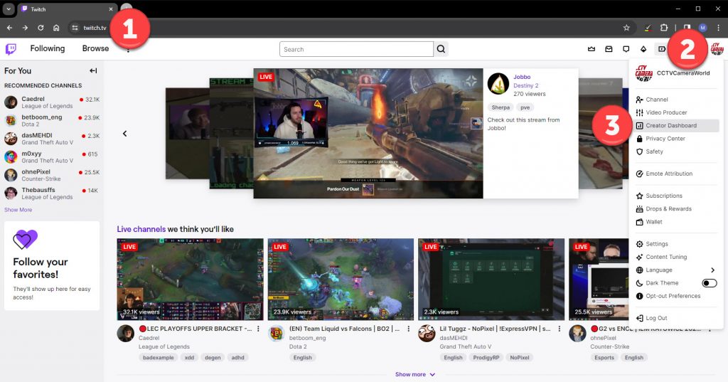 finding the Creator Dashboard in Twitch