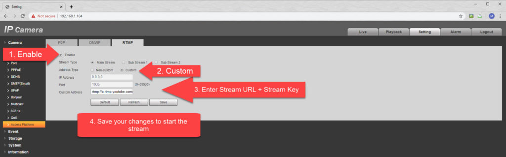 Enable the stream and enter your stream URL