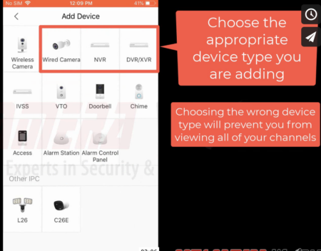 Showing where to select the appropriate device type on the DMSS app