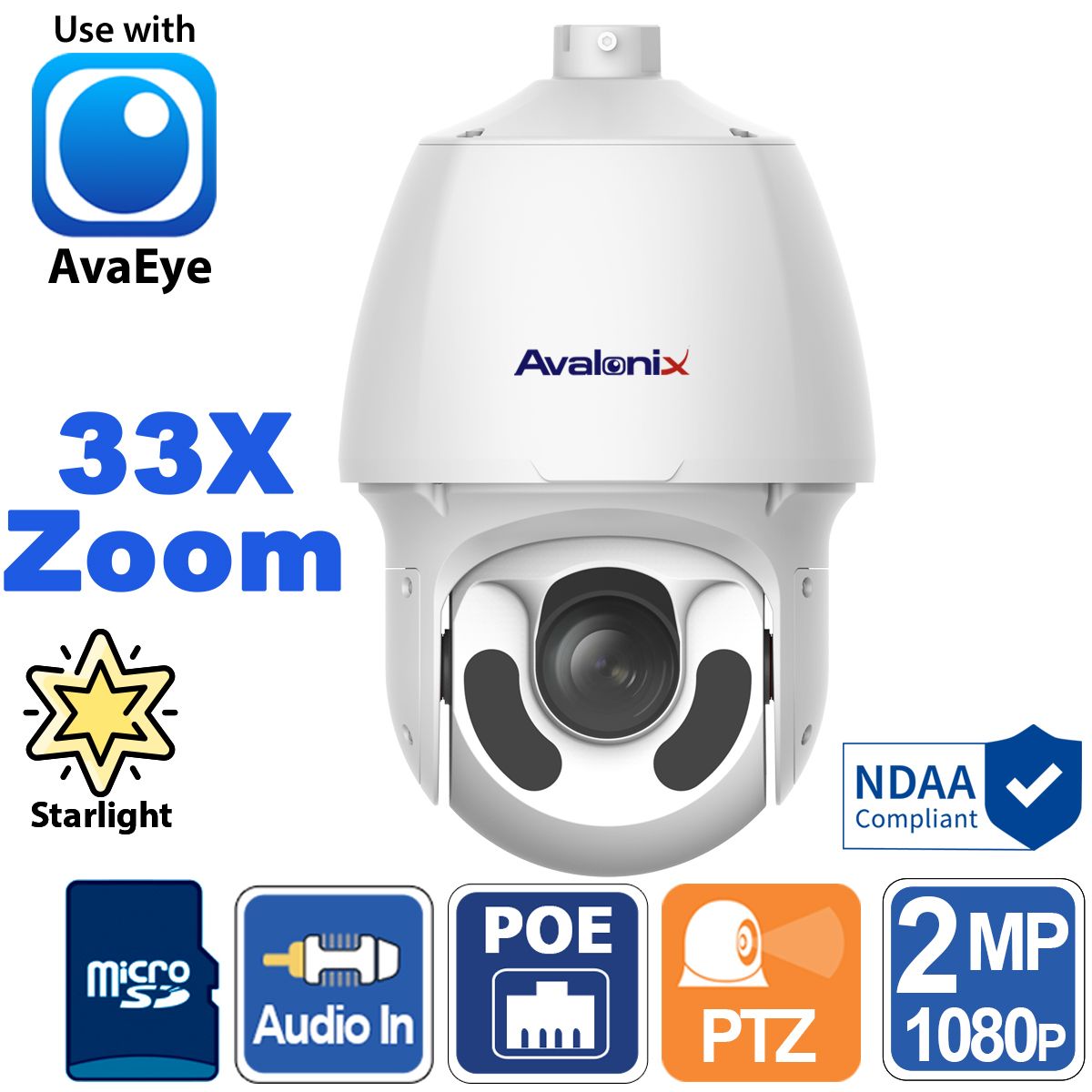 Outdoor 1080P High Speed Dome Camera with 33X Zoom Lens, Deep Learning AI,  Starlight, Night Vision