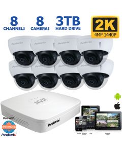 8-Channel 2K IP NVR with 4MP Wide Angle Dome Cameras 100ft Night Vision
