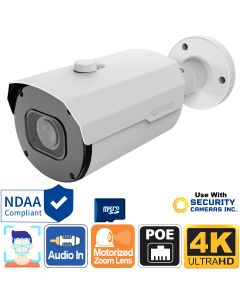4K 30fps Motorized Zoom PoE Bullet Camera, Audio-in, Face Recognition, AI Video