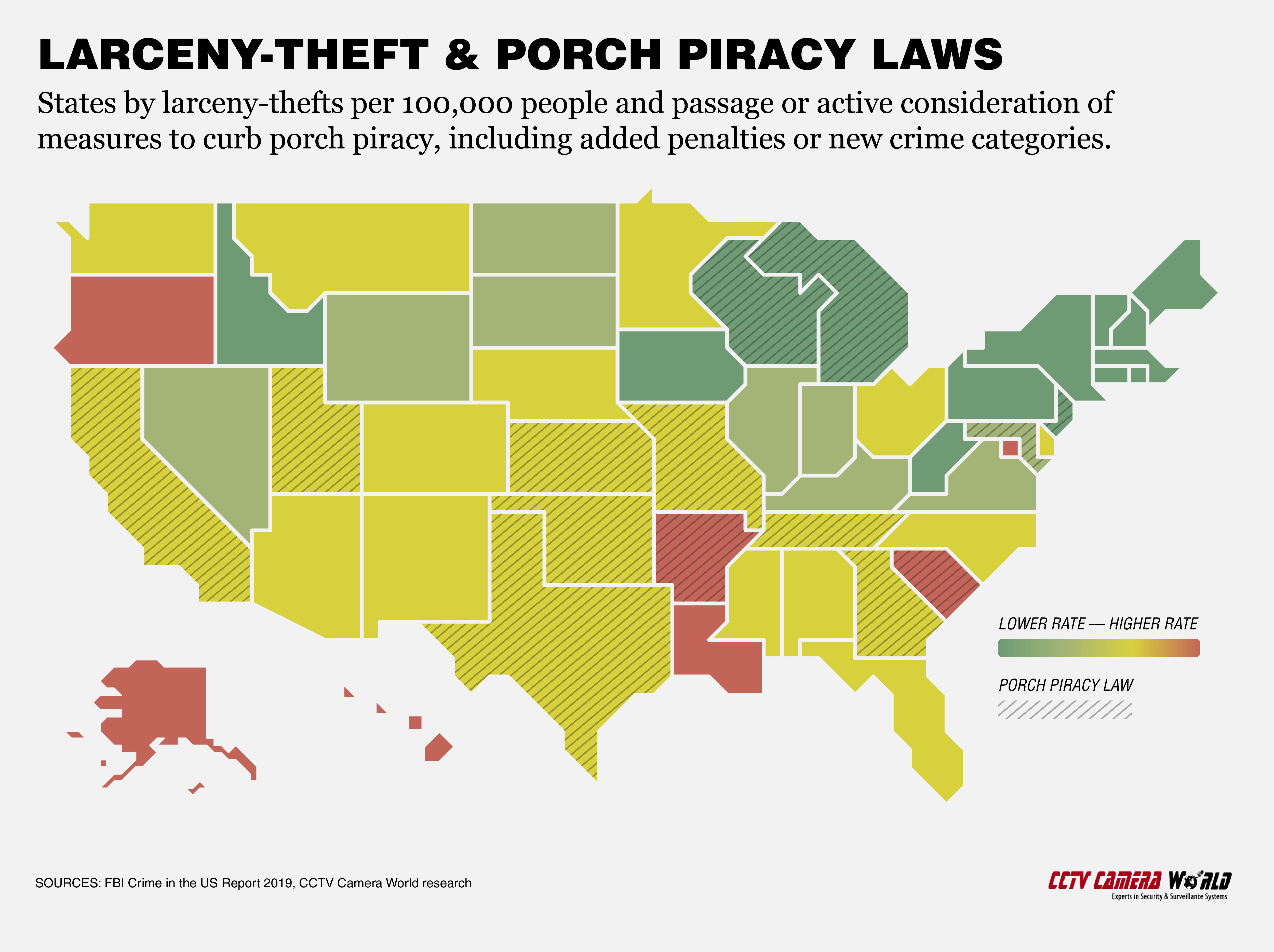 Larceny-theft rate by state and porch piracy laws adopted or being actively considered